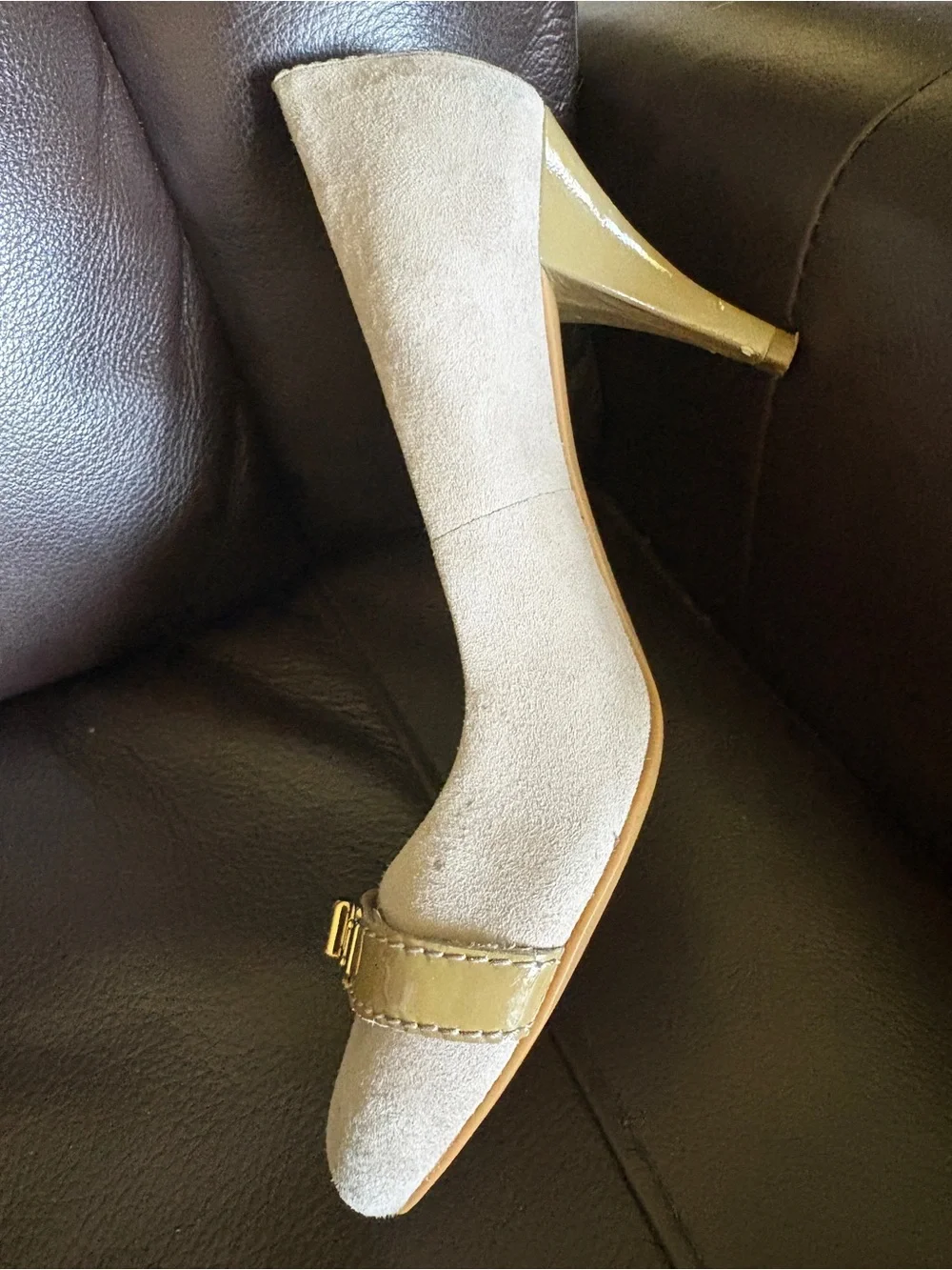 Coach ‘Wanda’ Taupe Suede Pumps
Pretty Gold Accent.
Classic Style and Beauty. - Picture 2 of 13